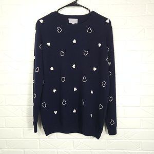 Pure Collection 100% Cashmere Navy Blue White Heart Print Crew Neck Pullover 6